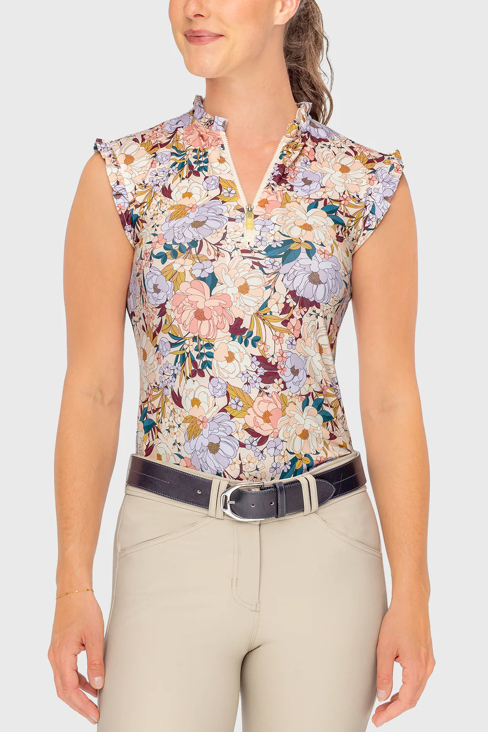 Kastel Champagne Blooming Peonies Ruffle 1/4 Zip Tank