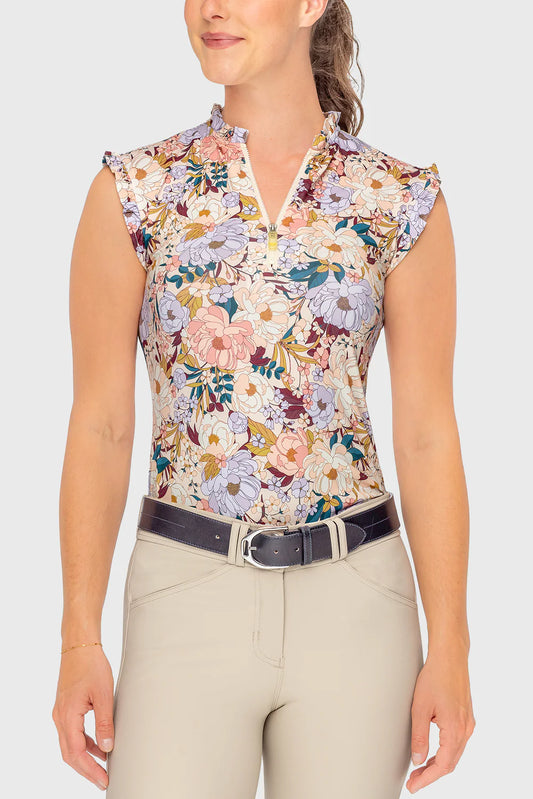 Kastel Champagne Blooming Peonies Ruffle 1/4 Zip Tank