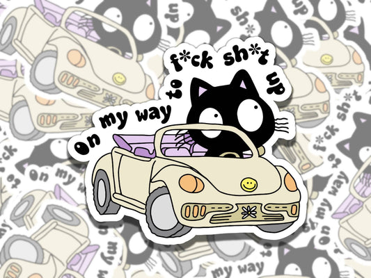 Driving Cat Vinyl Sticker - On My Way to Mess Things Up